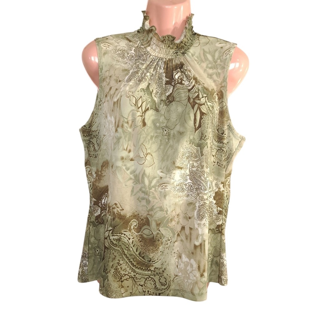 Serenade New York Women's Sleeveless Blouse Size L Paisley/Floral Olive Green